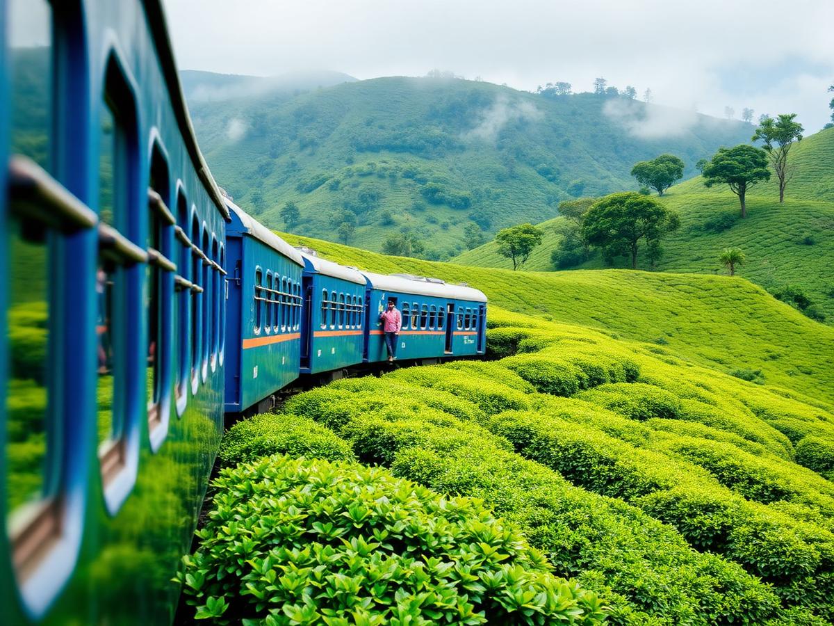 Blue train winding through Sri Lankan tea plantations