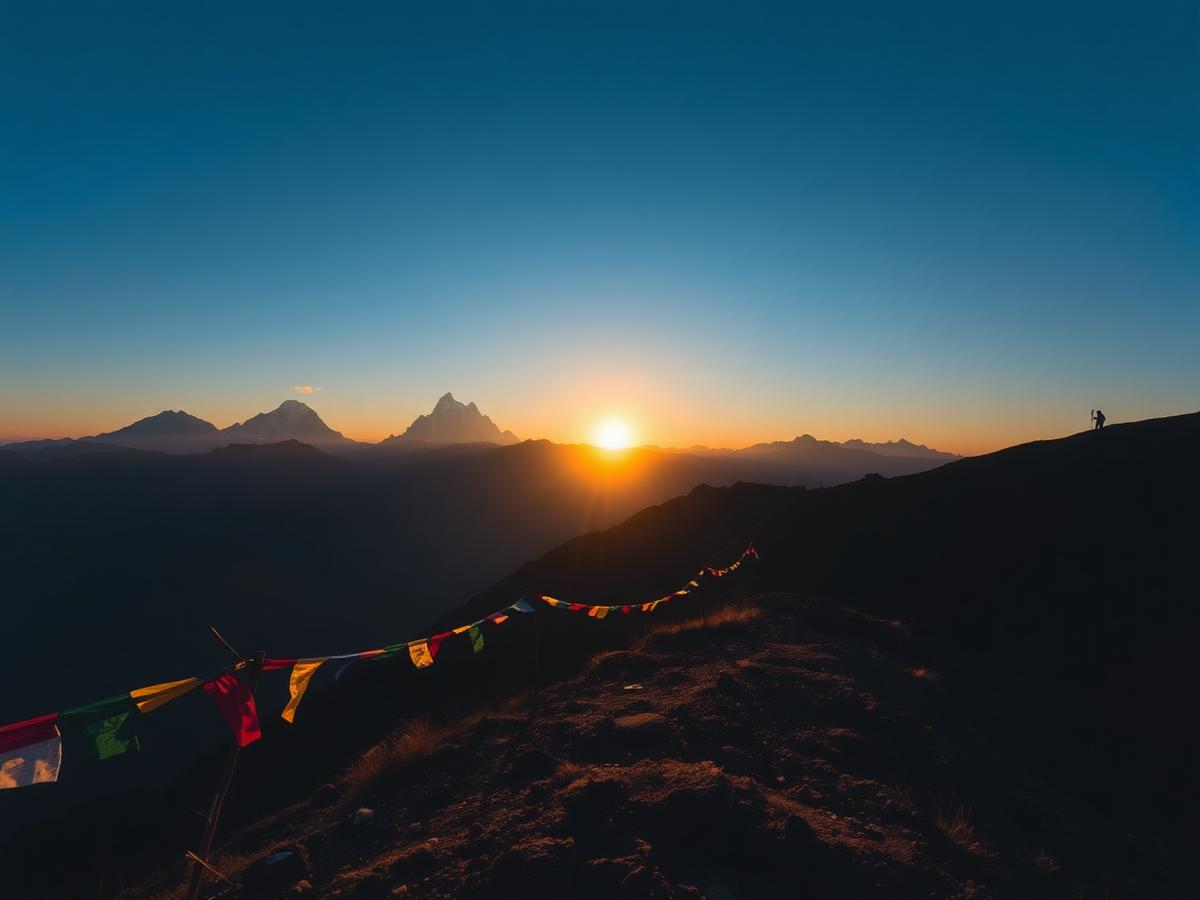 Trekker on a Himalayan ridge at sunrise with prayer flags