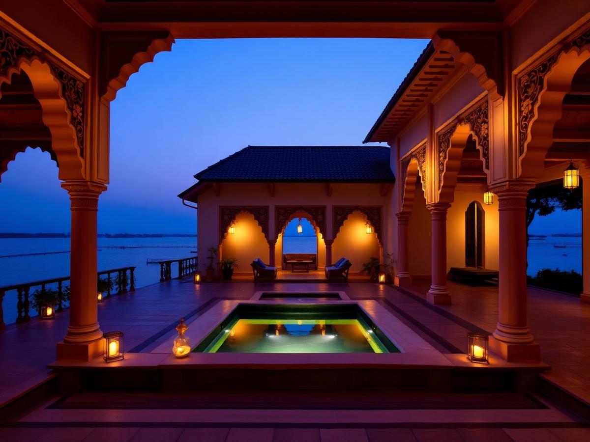 Lantern-lit heritage haveli courtyard at dusk