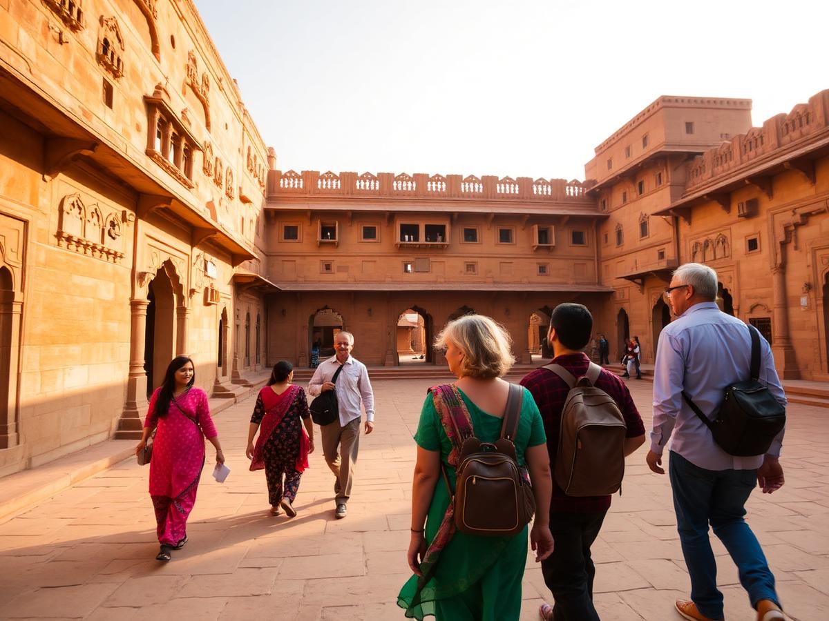 Travellers and a local guide crossing a sandstone fort courtyard in Rajasthan