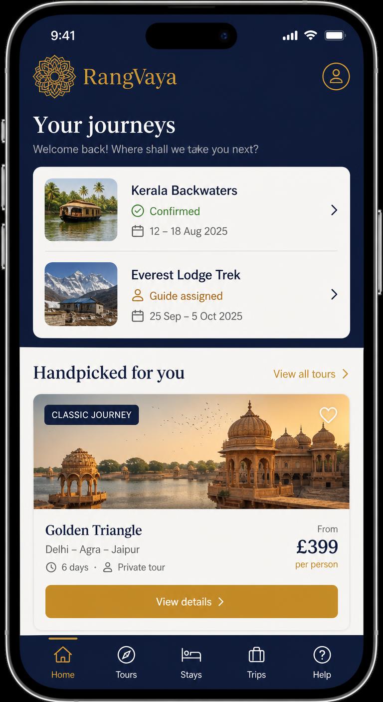 RangVaya mobile app with bottom tab navigation (EN)